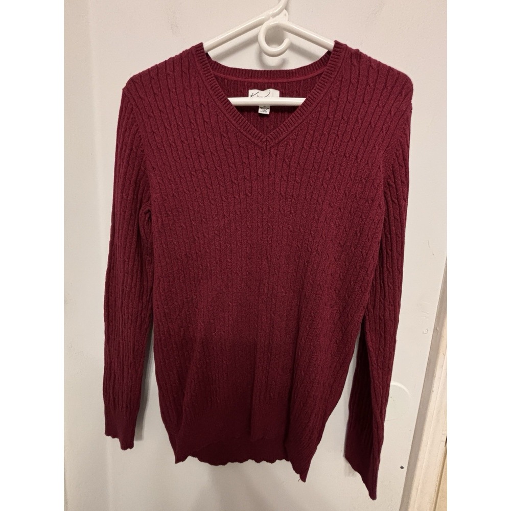 Kim Rogers M Burgundy Cable Knit Long Sleeve Women's Sweater 46x27 V-Neck Classy - Picture 2 of 7